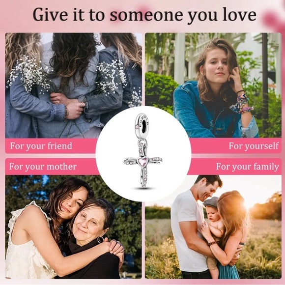 NWT 925 Sterling Silver Cross Charm w/ pink zircon heart accent - Picture 5 of 10